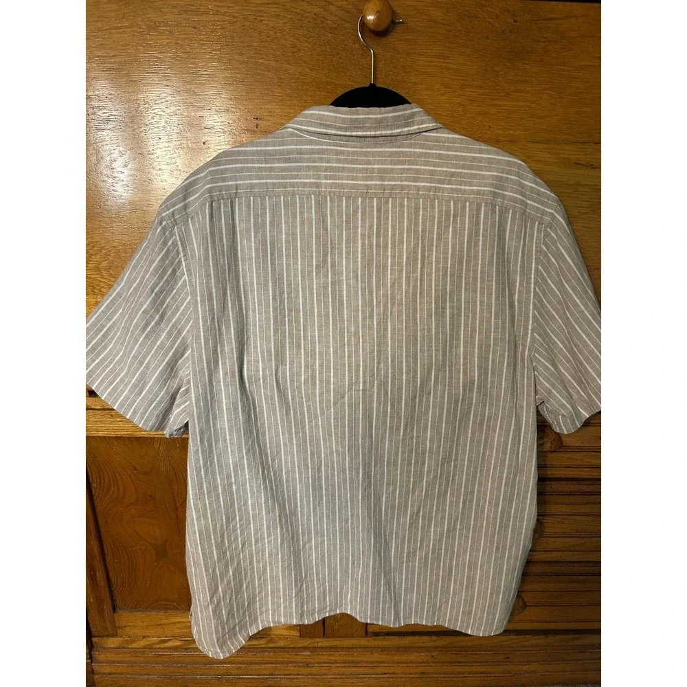 Banana Republic Mens XL Linen Blend Striped Short Sleeve Camp Collar Shirt Tan